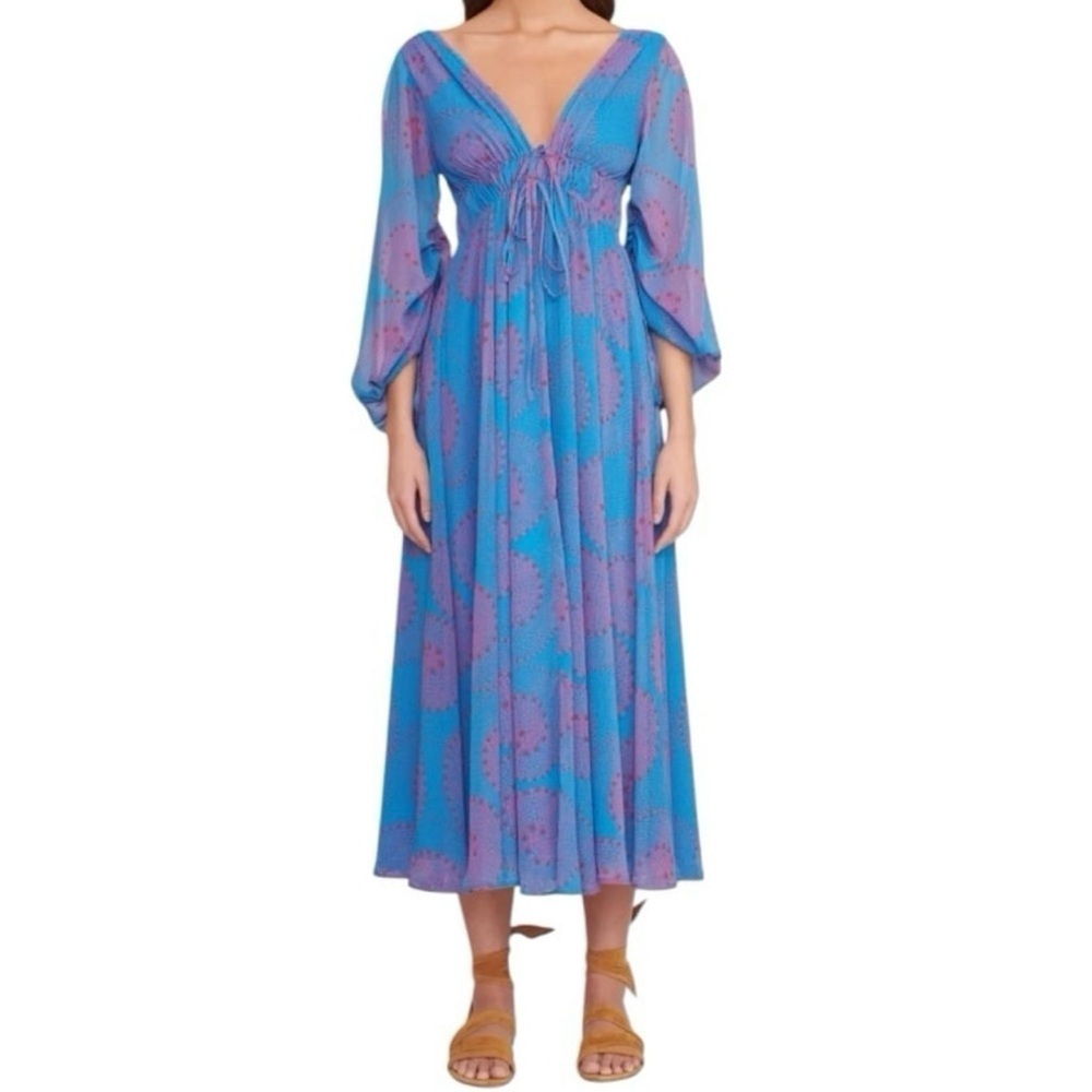 Staud Women’s Midi Chiffon Shelby Pacific Whirlpool Dress Sz L MSRP 395